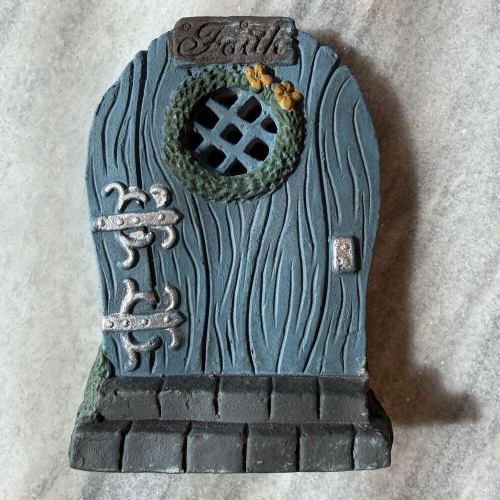 Fairy Garden Door Blue With “Faith” Sign 5.5” Ceramic New